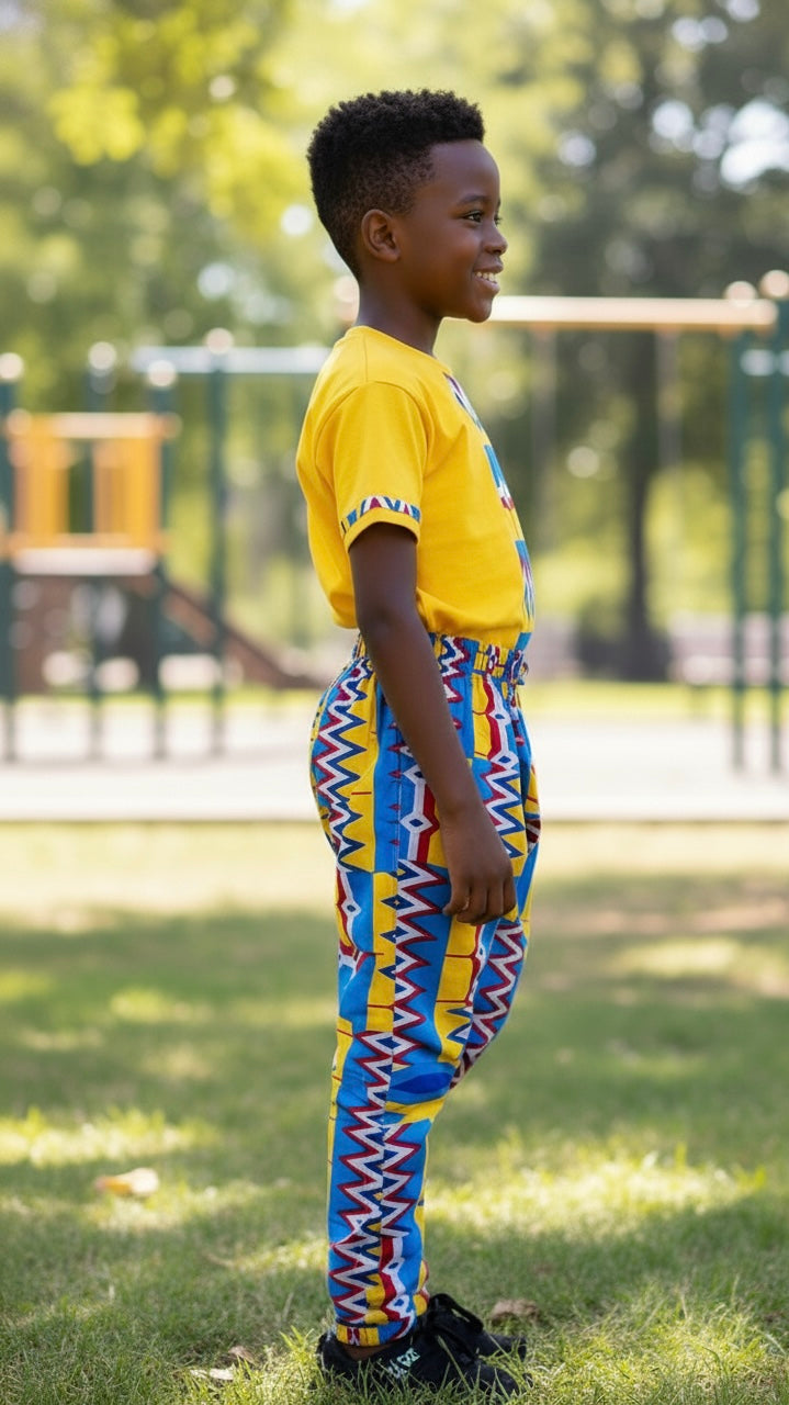 Détail du t-shirt de l’ensemble Mouana avec customisation wax sur les manches et la devanture, confection artisanale.