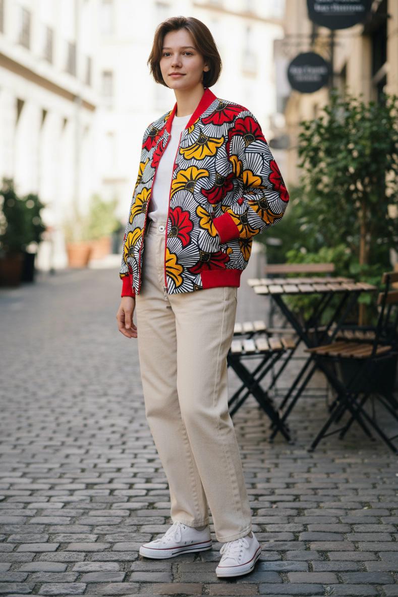 Enfant portant un bomber mixte en wax fleuri, tenue élégante et colorée pour un mariage ou une cérémonie.