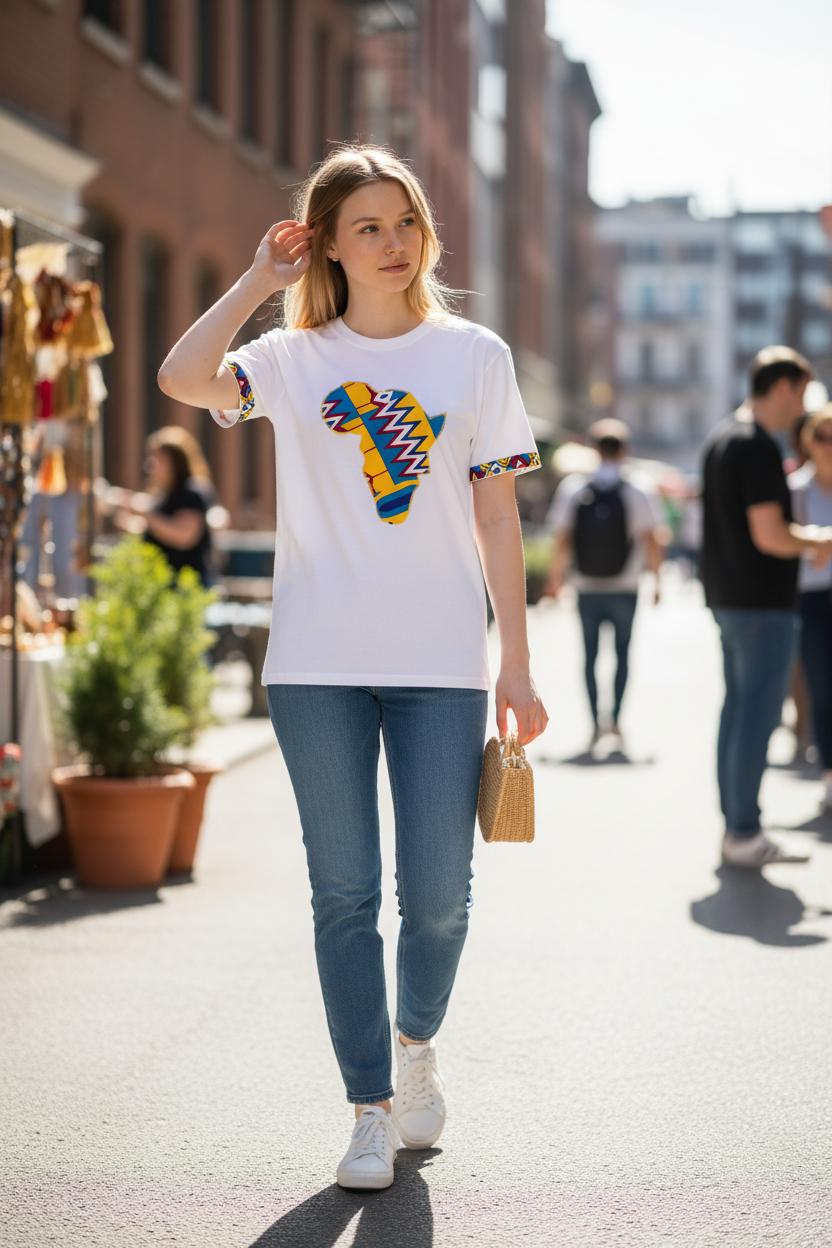 T-shirt Mixte “Africa” – Coton 100% et Customisation Wax faite main