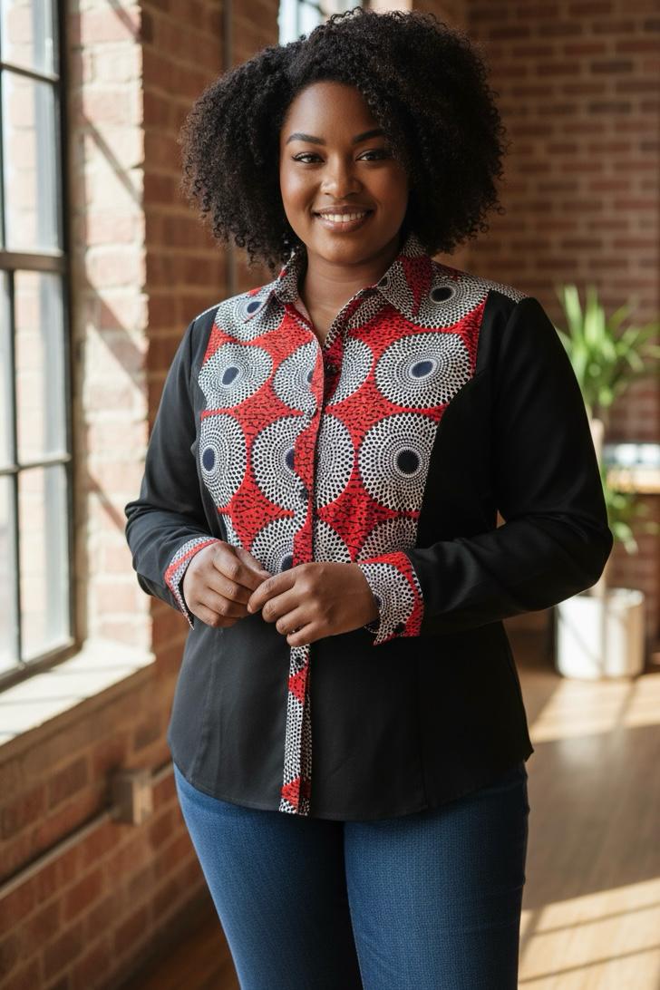 Chemise femme élégante avec détails en tissu wax coloré, pièce unique alliant style contemporain et influences africaines.