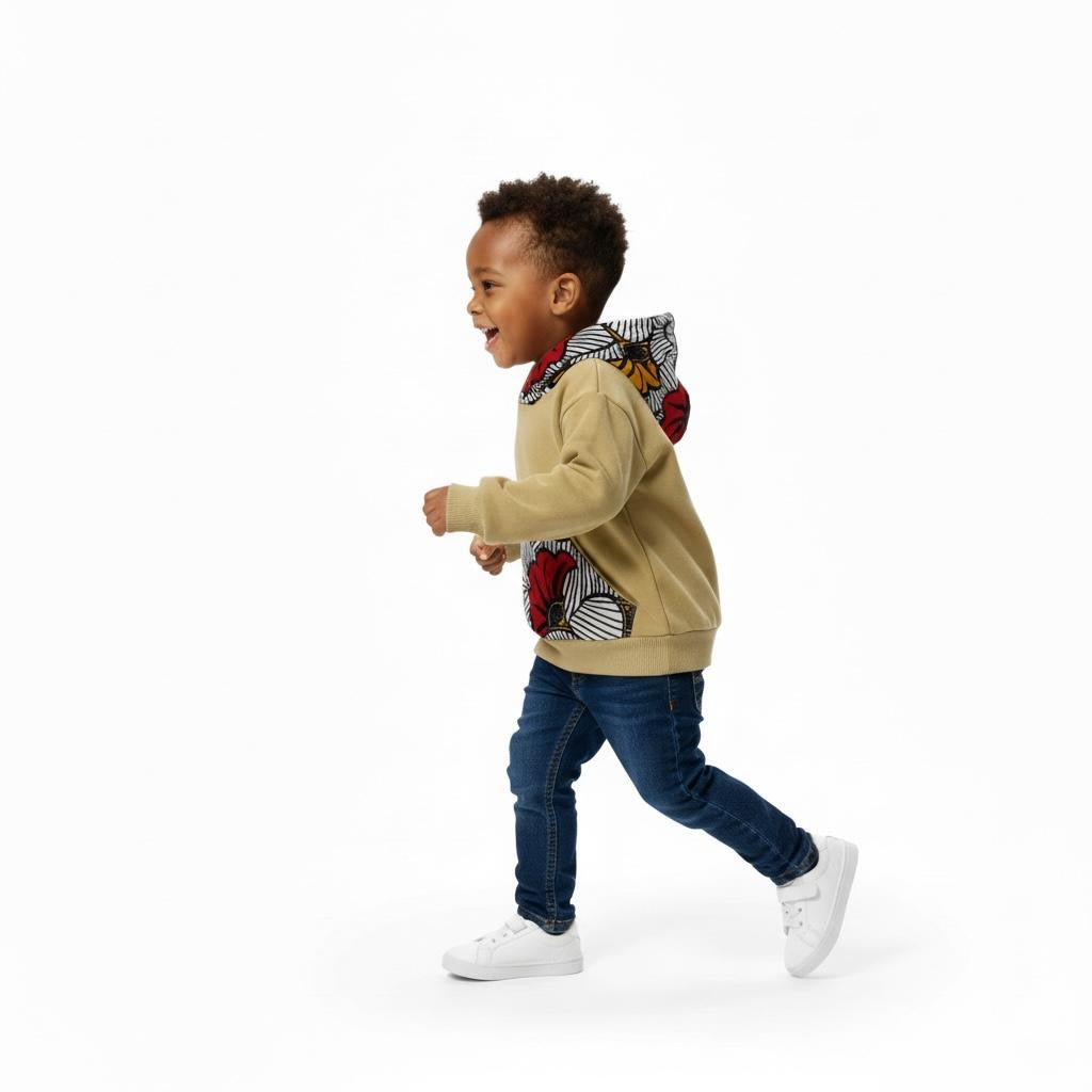 Sweat-shirt enfant à capuche MPESA – Fait main – Coton 100 % doux couleur moutarde et wax fleuri – Mixte 2 à 12 ans