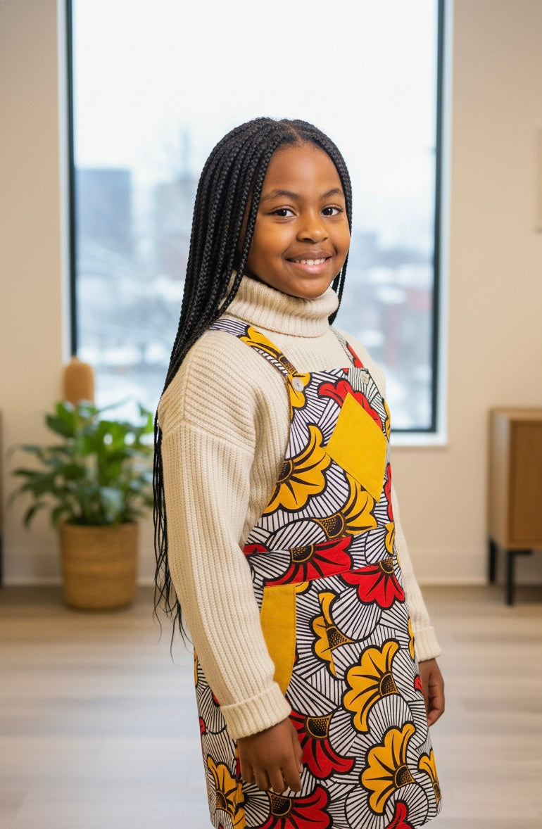 Salopette wax fille MPESA – tenue africaine enfant fleurie cérémonie