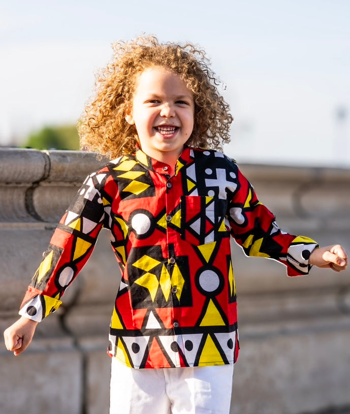 Chemise à manches longues en wax coloré pour garçon – vêtement africain fait main