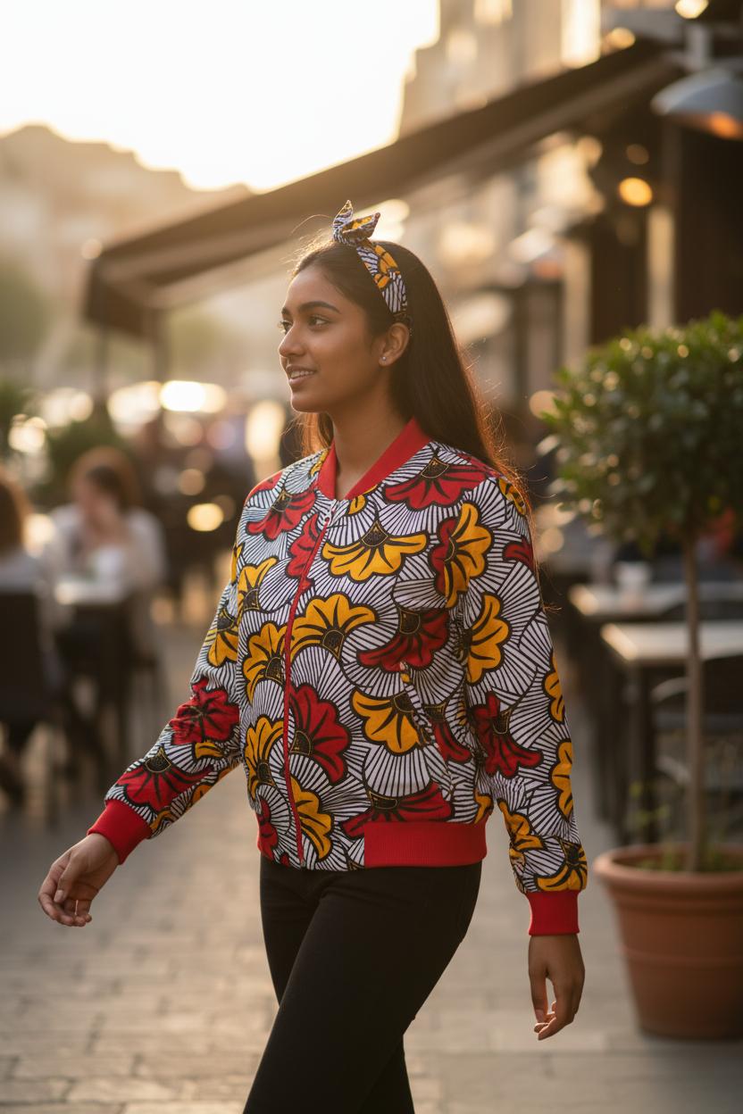 Veste bomber chic pour fille en tissu à fleurs, accompagnée d’un bandeau coordonné, idéale pour les occasions spéciales.