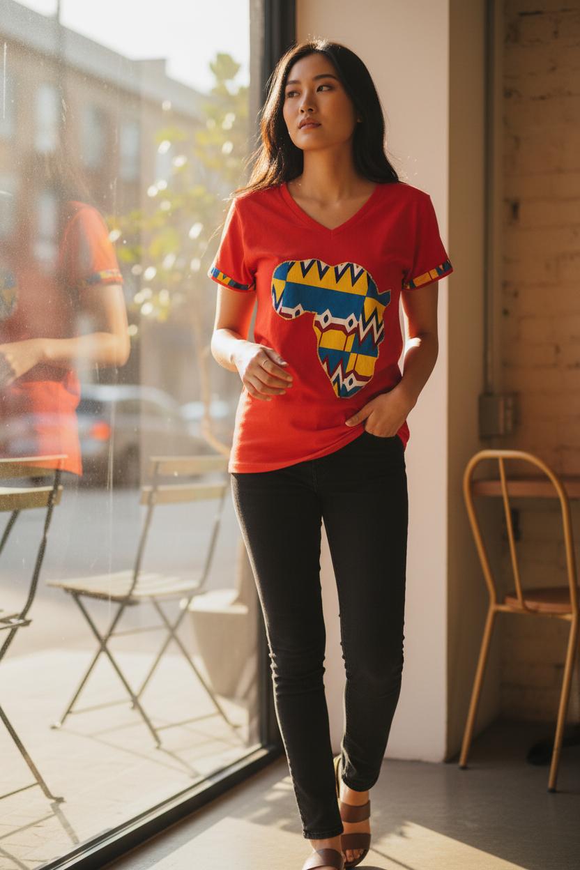 T-shirt Femme DEIDO Rouge Col V, Stretch et Customisation Wax artisanale