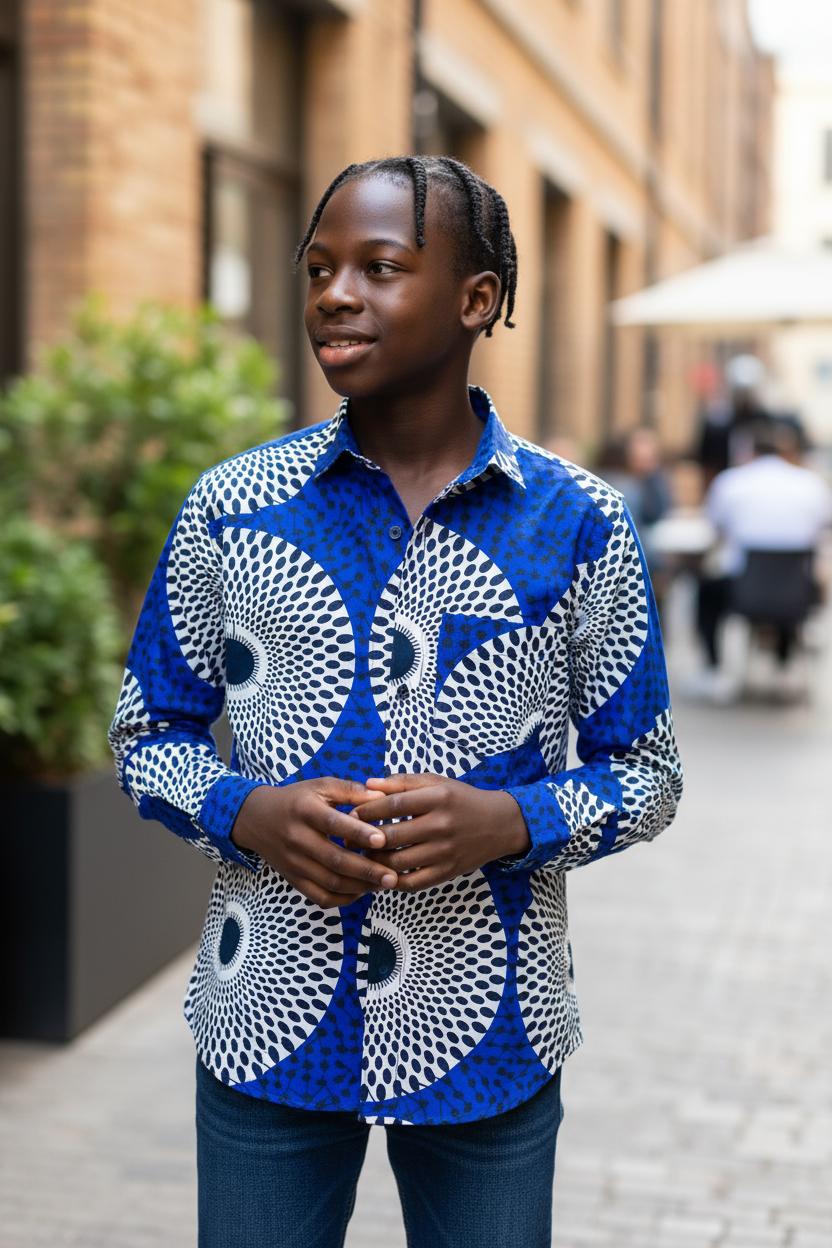 Enfant portant une chemise longue manches deux-en-une en tissu wax coloré, vêtement polyvalent et stylé mêlant tradition et modernité.