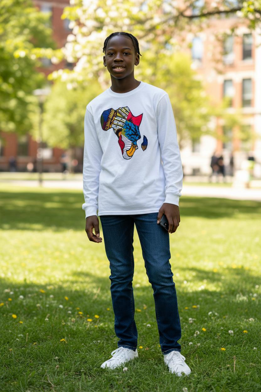 T-shirt enfant avec application en wax représentant l’Afrique – vêtement fait main