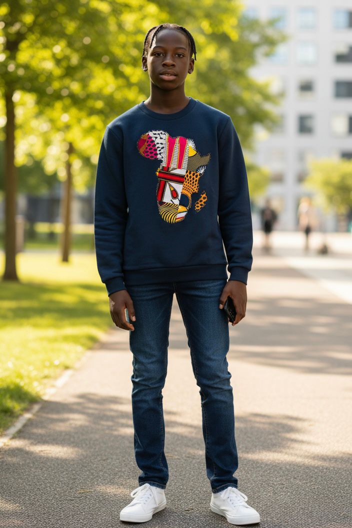 Enfant portant un sweat-shirt mixte aux couleurs vives, parfait pour un look joyeux et tendance.