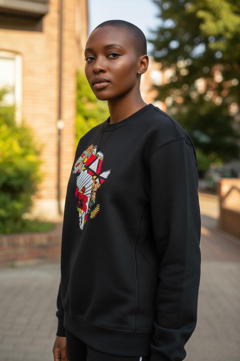 Adulte portant un sweat-shirt mixte noir, vĂȘtement basique et intemporel pour un look minimaliste.