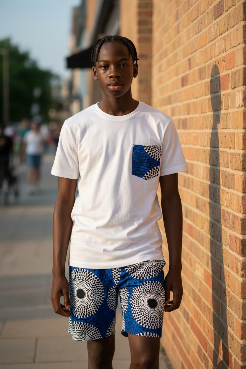 Ensemble garçon bermuda en wax colorĂ© avec t-shirt customisĂ© assorti, tenue unisexe confortable et tendance pour lâĂ©tĂ©.