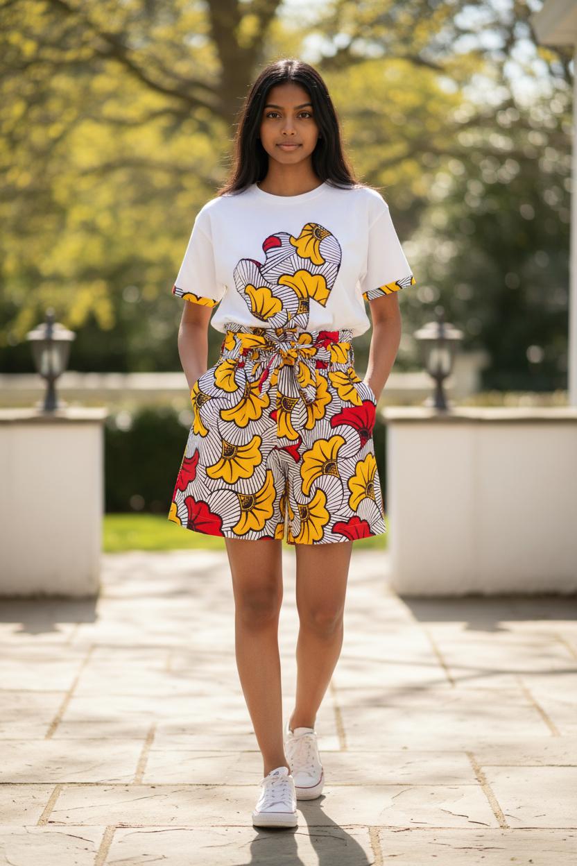 Tenue chic pour enfant – short en wax à fleurs et t-shirt customisé, parfaite pour cérémonie ou fête