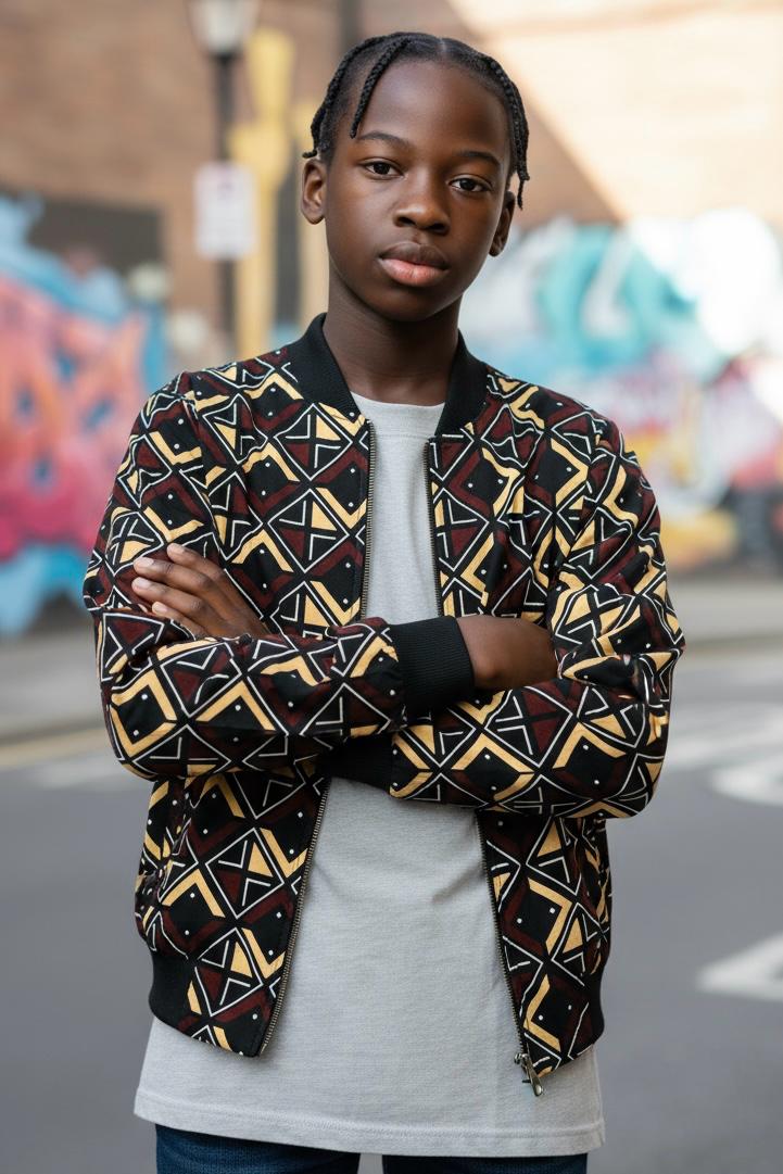 Veste bomber enfant en wax bogolan, coupe unisexe avec doublure fine idéale pour le printemps ou l’automne