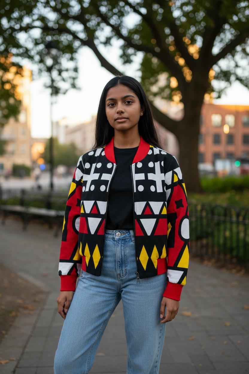 Veste bomber pour enfant en tissu wax multicolore, avec bandeau assorti, alliant modernité et héritage culturel.
