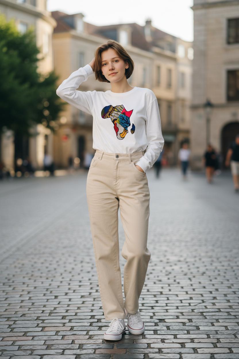 Enfant portant un t-shirt personnalisé avec carte de l’Afrique en tissu wax – modèle mixte