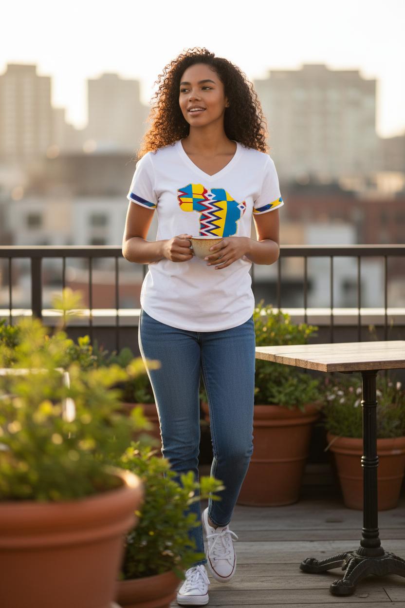 T-shirt Femme MOUANA Blanc | Col V, Stretch et Customisation Wax artisanale