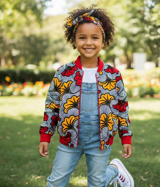 Bomber fille en tissu fleuri élégant, parfait pour une cérémonie ou un mariage, avec bandeau assorti.