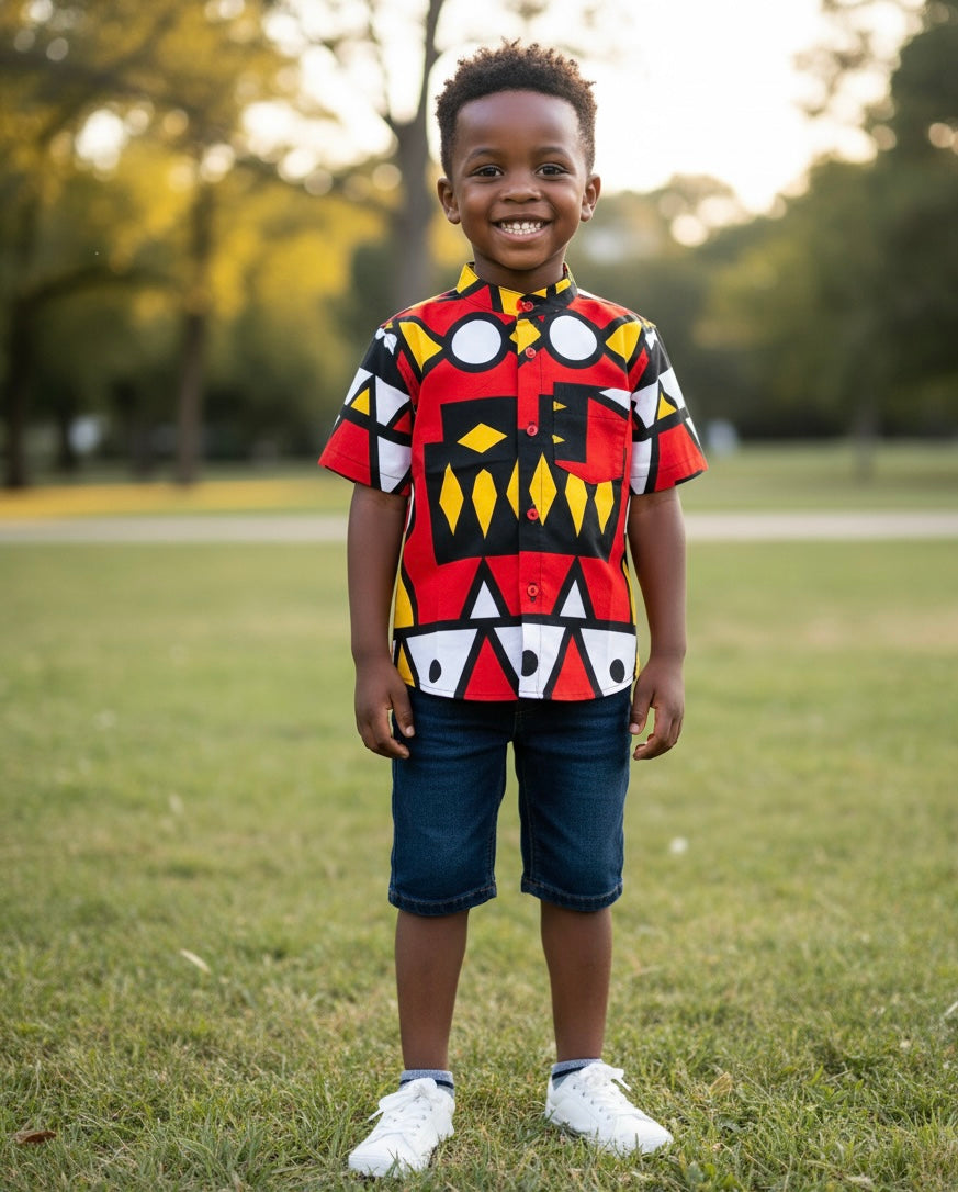 Chemise garçon manches courtes en wax rouge vibrant à motifs, col Mao élégant. Une pièce pleine de caractère pour un style affirmé et coloré.