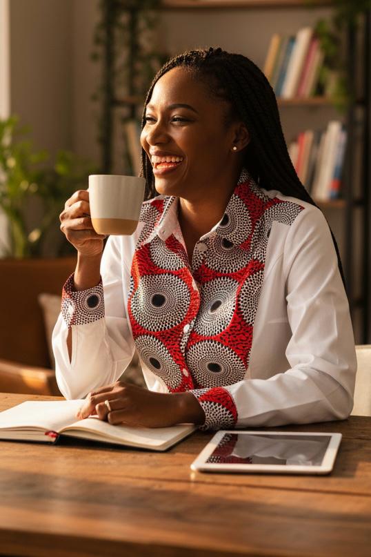 Femme portant une chemise customisée avec tissu wax, création originale qui valorise la mode afro-contemporaine.