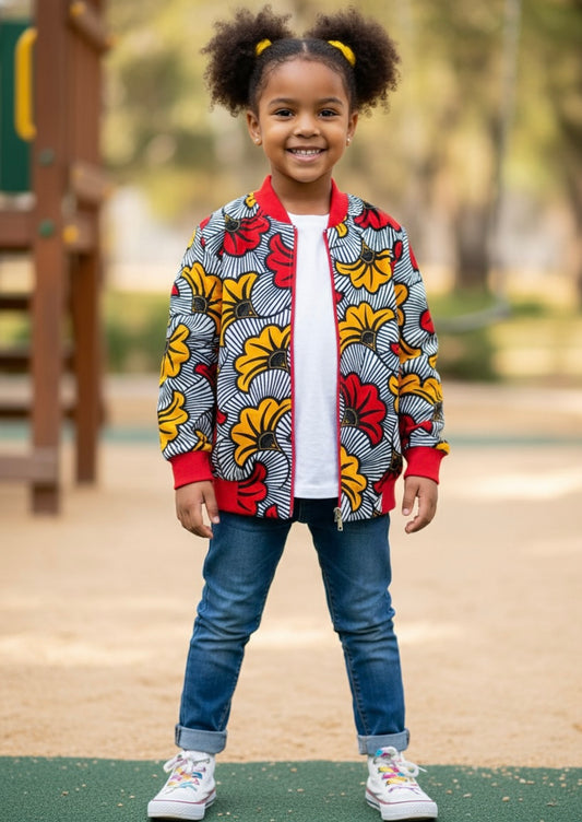 Veste bomber unisexe en tissu wax à fleurs, look raffiné pour garçon ou fille lors d’une occasion spéciale.
