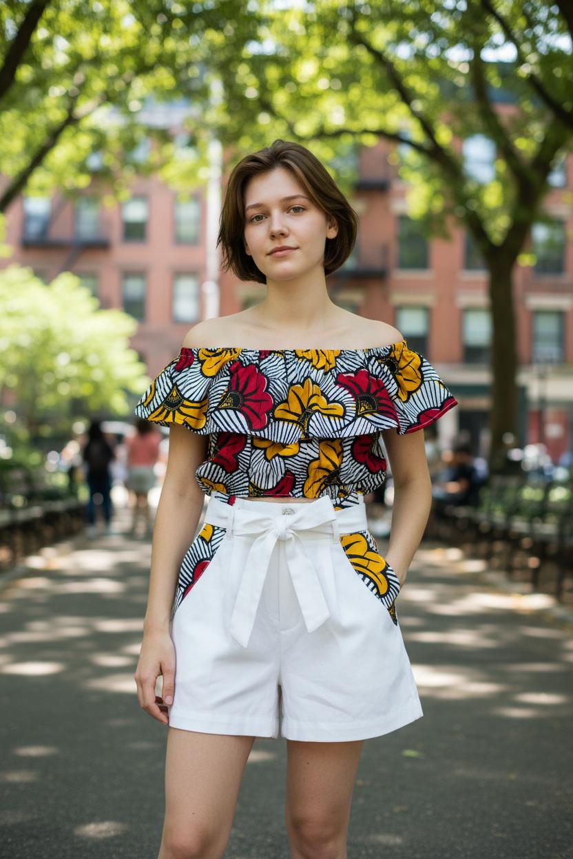 Ensemble fille en tissu wax à fleurs – crop top et jupe élégante pour mariage ou événement spécial