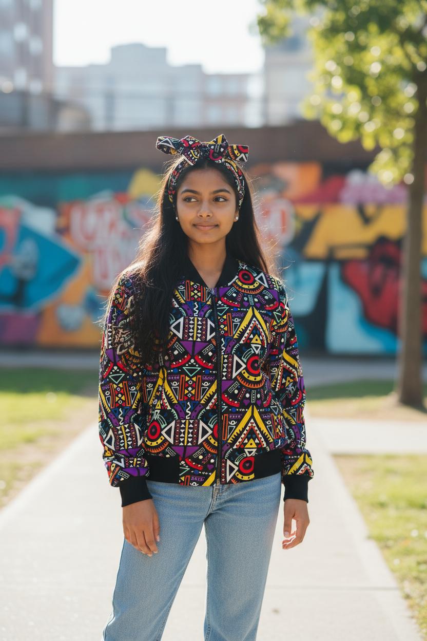 Veste bomber fille en tissu wax vibrant, avec bandeau coordonné, pour un look tendance et culturel.