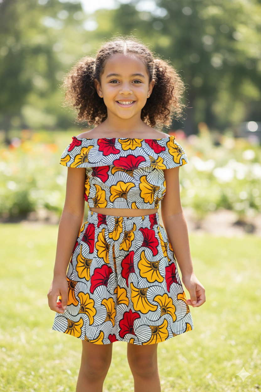 Ensemble Enfant Fille Style Ankara Dashiki - T-shirt Paillettes + Jupe + Bandeau, Tenue Africaine Colorée D'Été