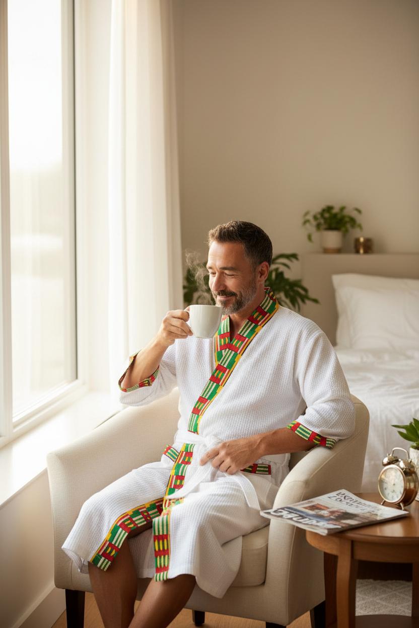 Peignoir / Kimono mixte “MAKA” – blanc gaufré & Wax coloré