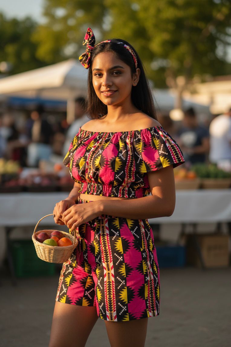 Ensemble fille en tissu wax africain coloré, composé d’un short taille haute, d’un crop top à bretelles et d’un bandeau assorti.