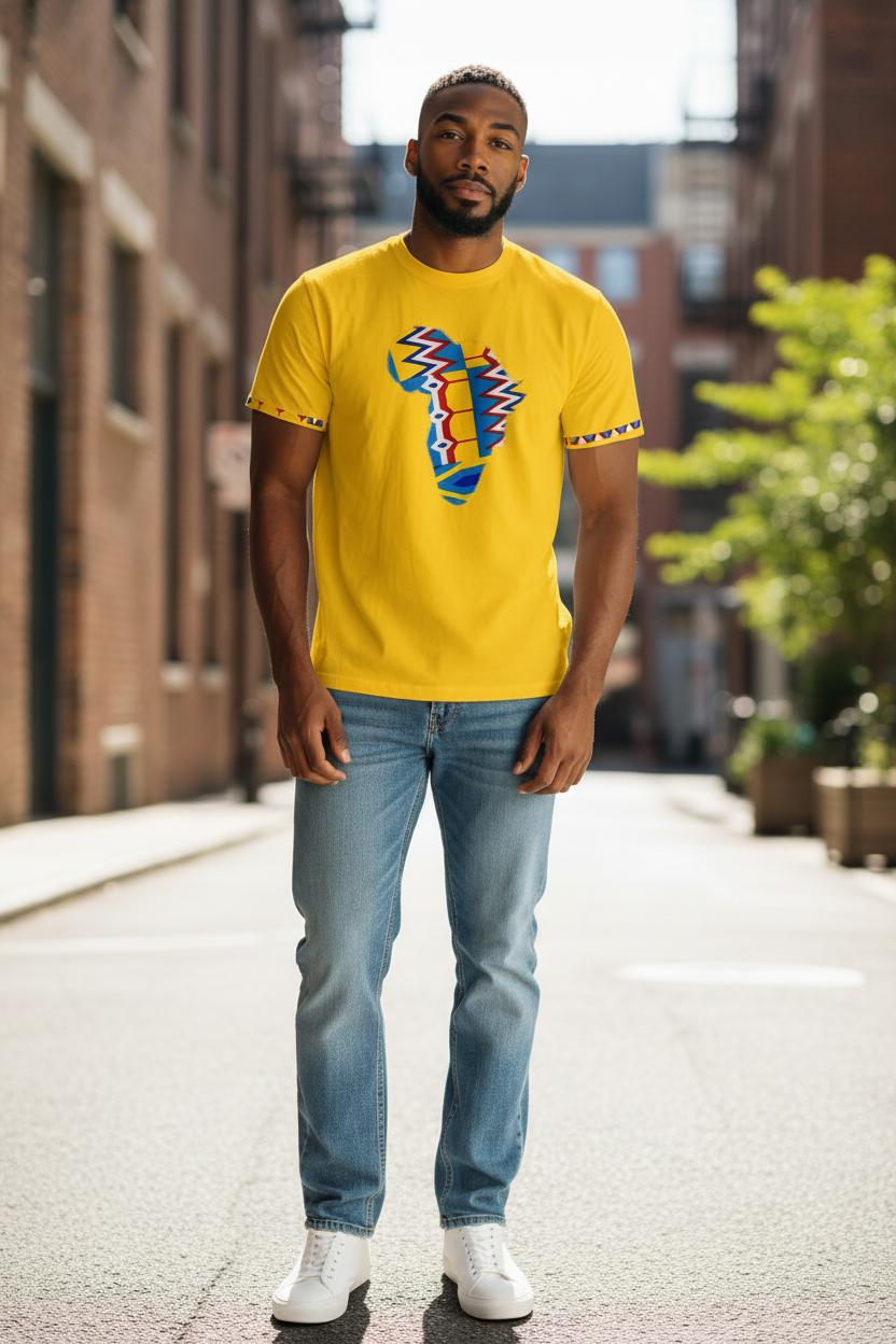 T-shirt Mixte “Africa” – Jaune Coton 100% et Customisation Wax faite main