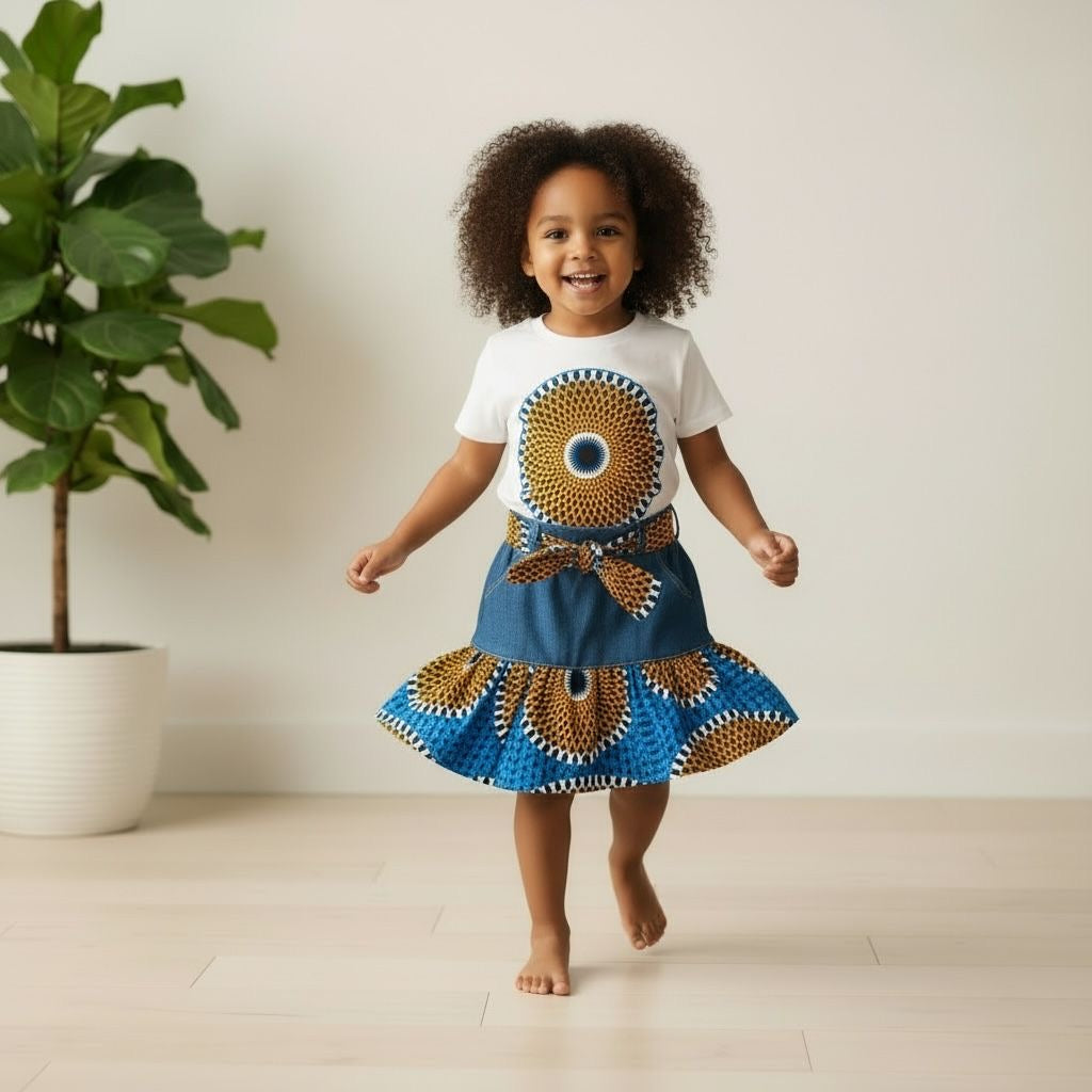 Ensemble Fille Eseka – Jupe Wax & T-shirt Coton 100% | Afro Moderne 2-12 ans