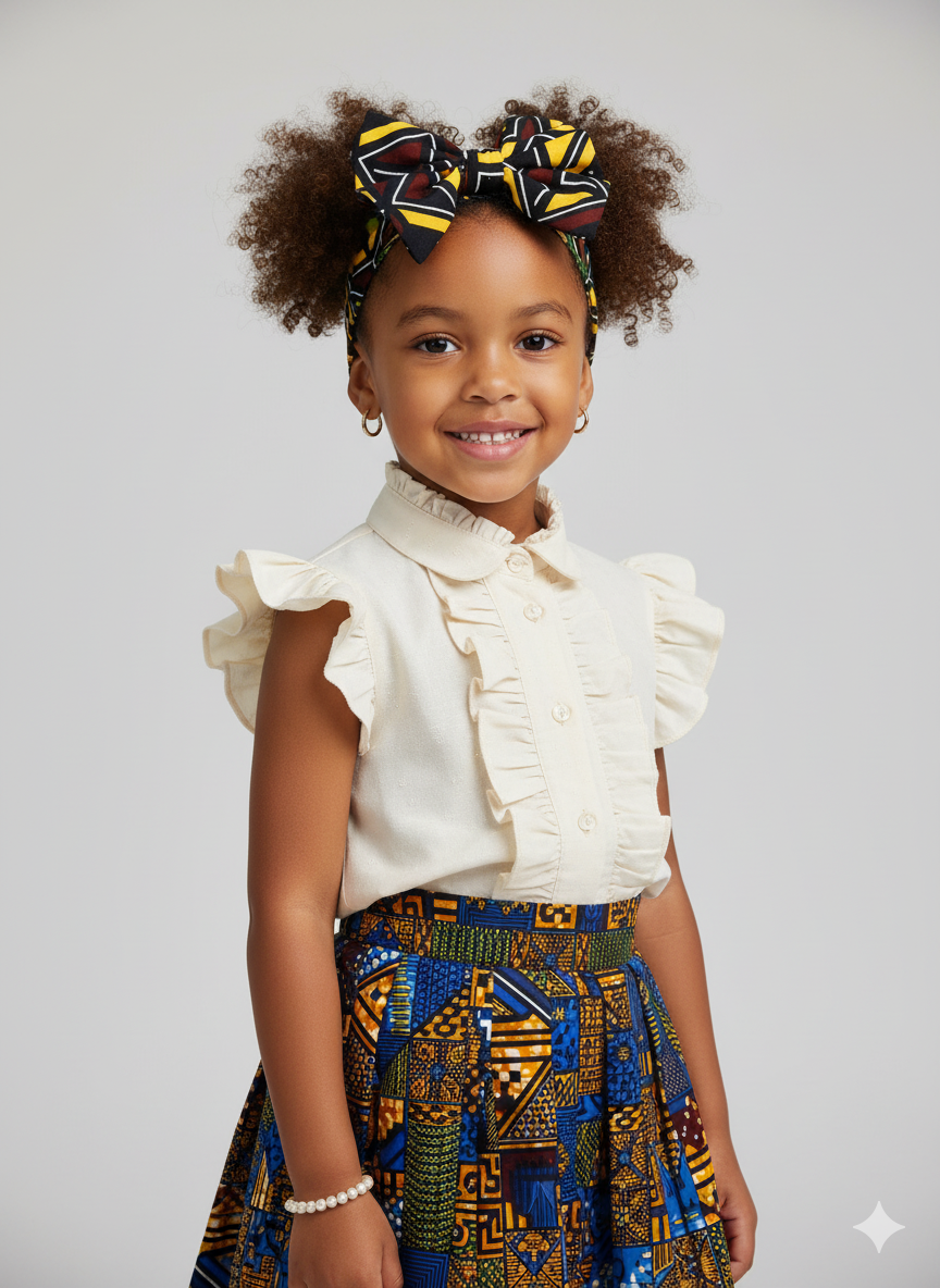 Bandeau enfant en wax bogolan, accessoire fait main au motif ethnique pour fille.