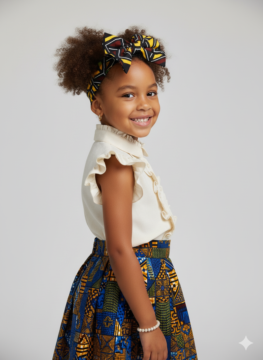 Bandeau fillette en tissu wax bogolan, style africain chic pour cérémonie ou tenue quotidienne.