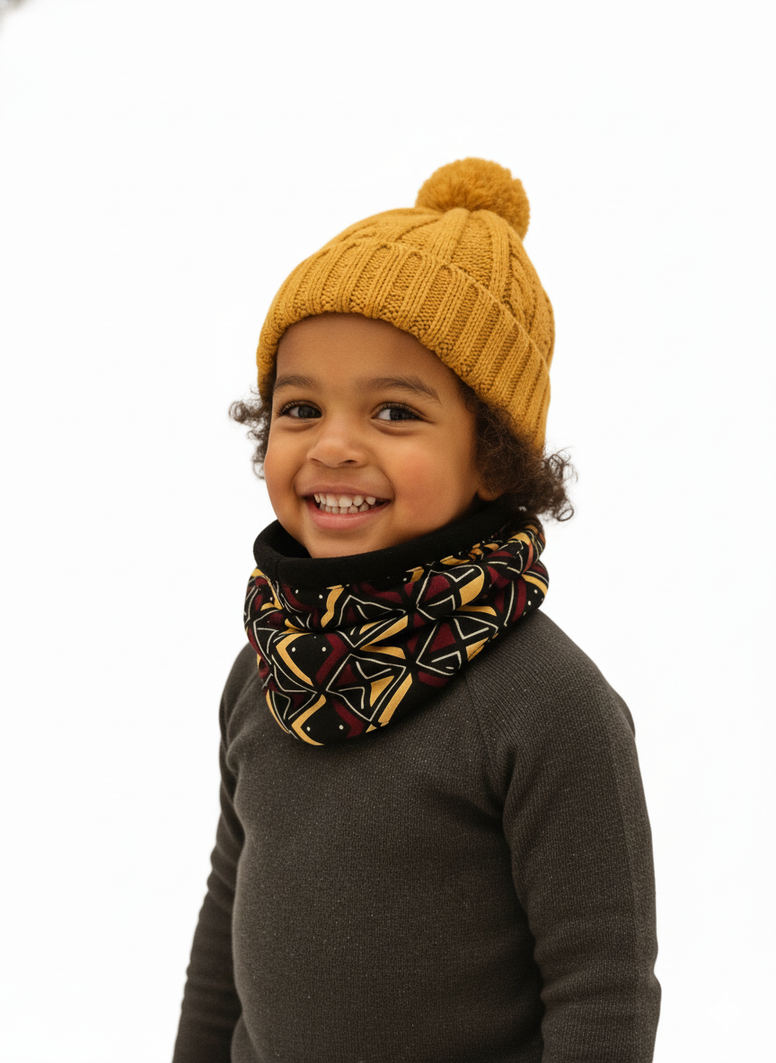 Tour de cou chaud pour enfant avec tissu molletonné et détail wax africain bogolan, modèle mixte