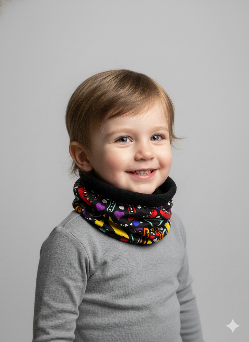 Cache-cou enfant en polaire douce avec tissu wax coloré, accessoire chaud et joyeux pour l’hiver