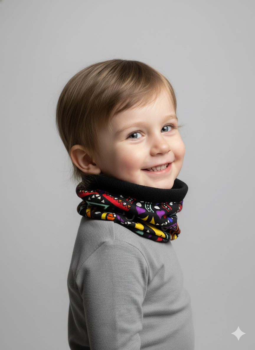 Tour de cou enfant aux couleurs vives en wax africain, doublé polaire, idéal pour un hiver stylé