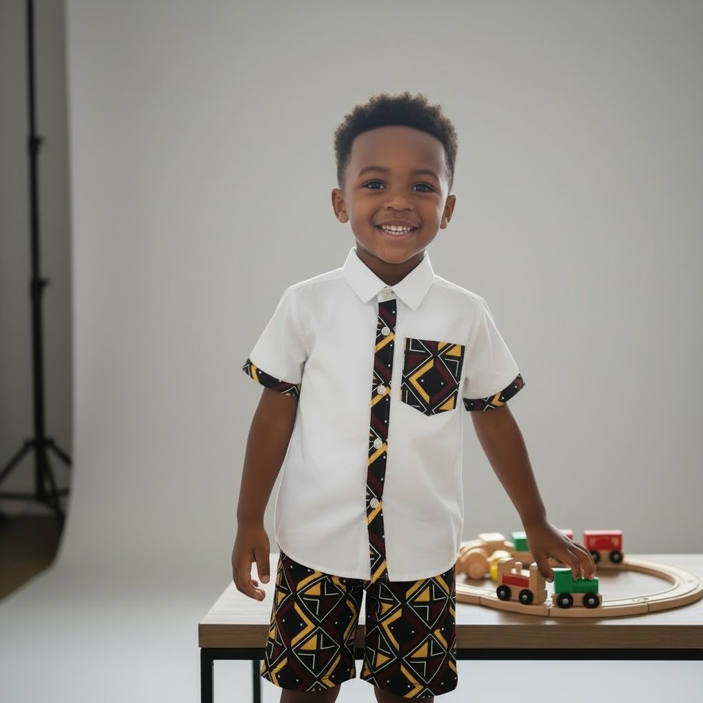 Ensemble garçon chemise et bermuda en wax bogolan – Tenue élégante et confortable