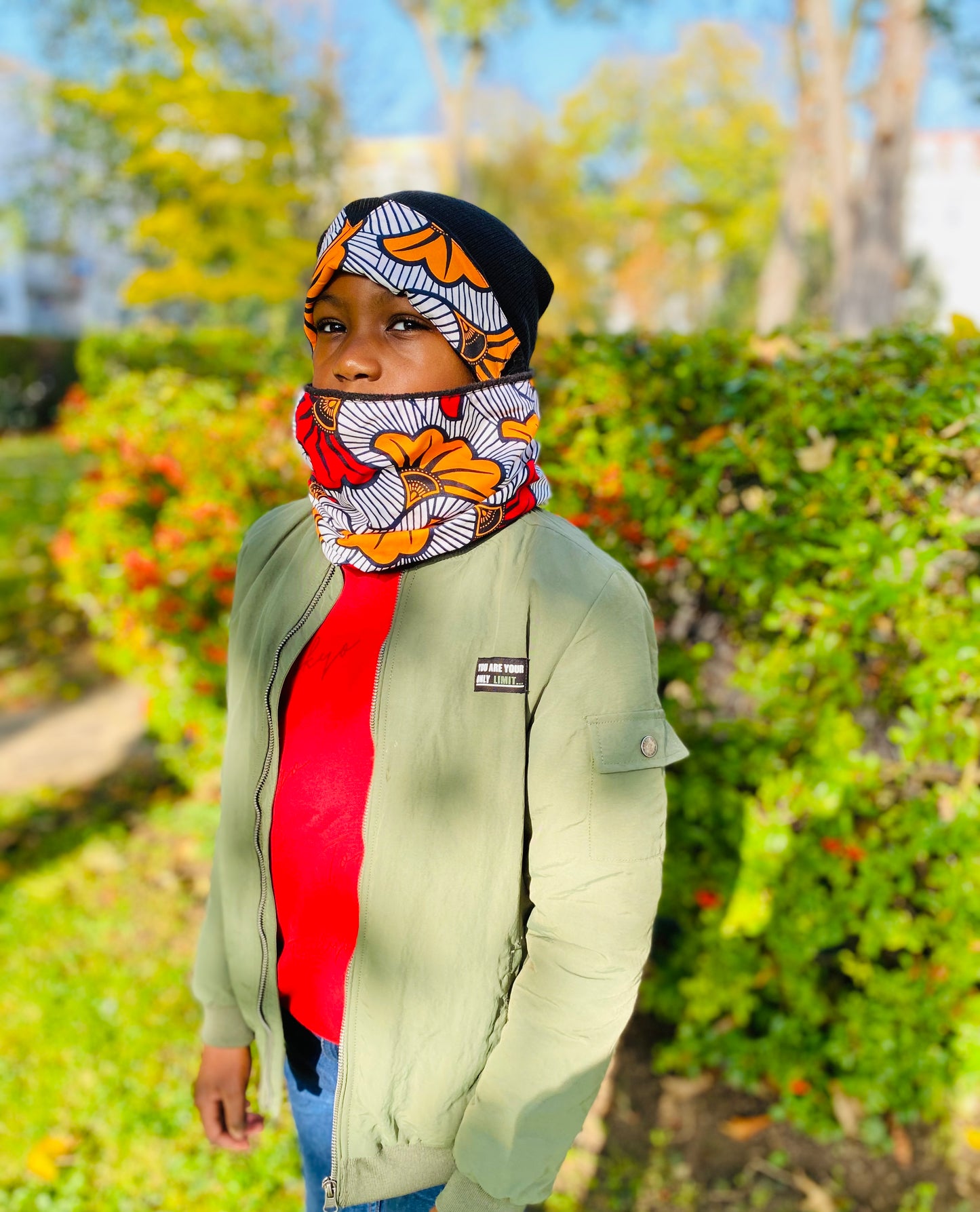 ensemble bonnet et cache-cou enfant MPESA en wax fleur de mariage, fait main, accessoire hiver mixte