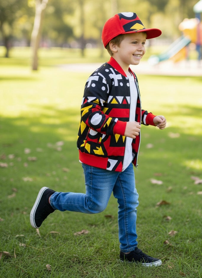Enfant portant un bomber en tissu wax avec casquette assortie, tenue mixte colorée et moderne pour garçon ou fille.