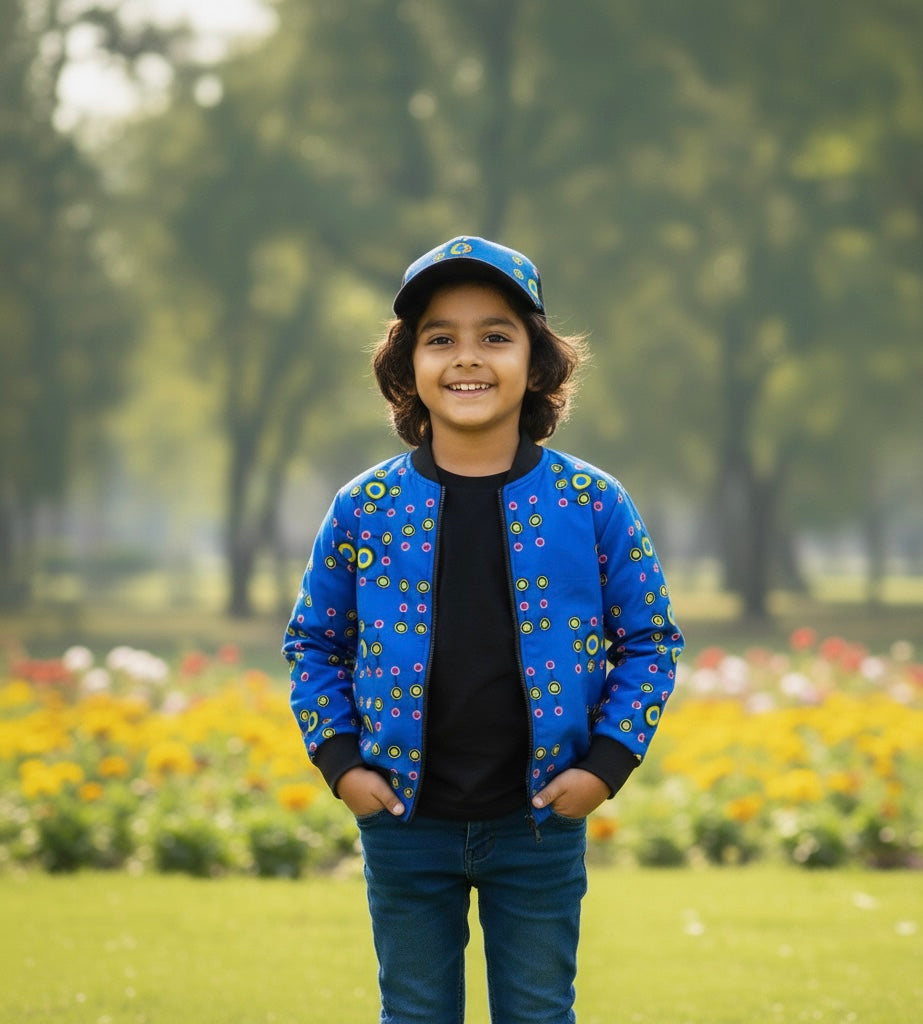 Look enfant mixte avec bomber en tissu wax vibrant et casquette personnalisée, alliance de streetwear et de culture africaine