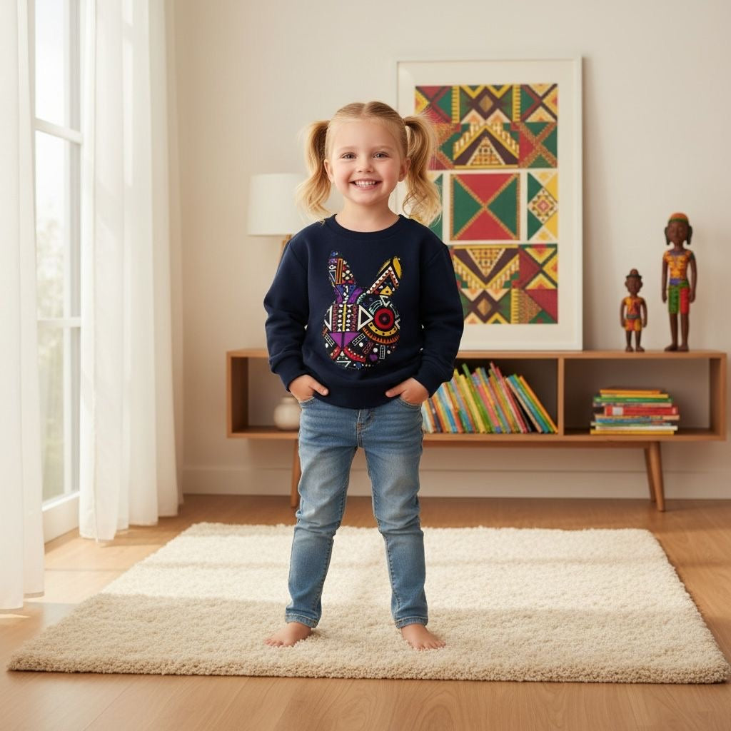 Sweat-shirt Enfant JOY Bleu Wax Afro Moderne – 3 à 12 ans (Fait Main)