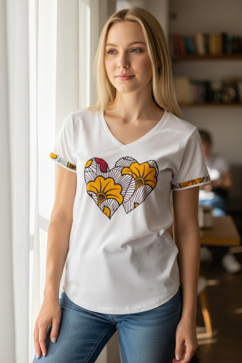T-shirt Bitoh blanc col rond femme, finitions fleuries sur les manches et motifs cœur artisanaux.