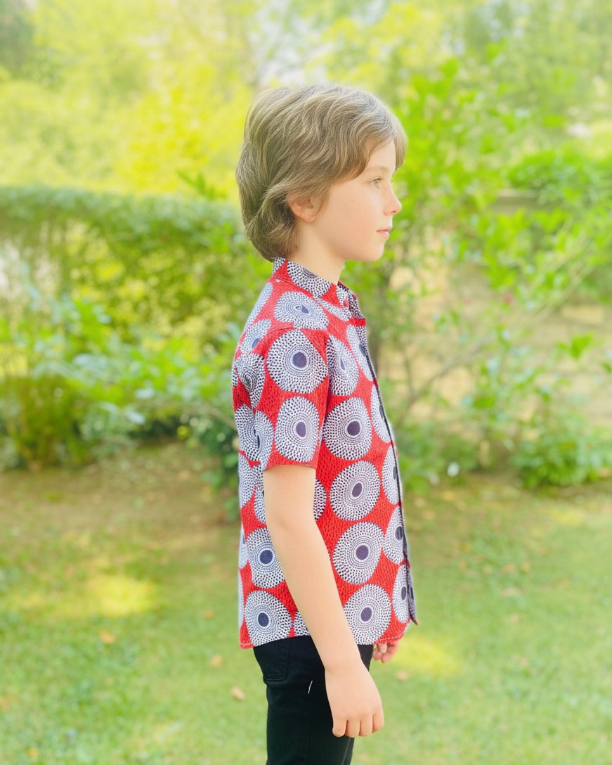 Chemise garçon en wax MUAYE-Col Mao, manches courtes