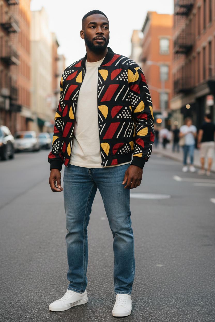 Détails du bomber bogolan mixte avec bords-côte au col, poignets et bas, doublure légère.
