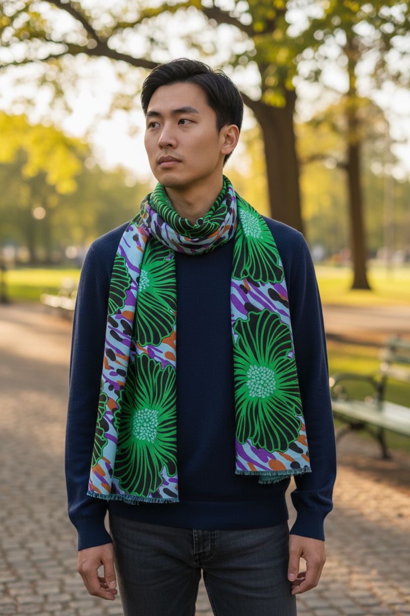 Détail de l’écharpe afro fait main – wax coloré mélangé coton polyester avec doublure molletonnée