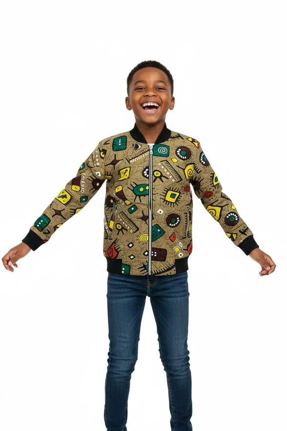 Veste enfant afro moderne fait main avec bords-côtes aux manches, col et bas du bomber