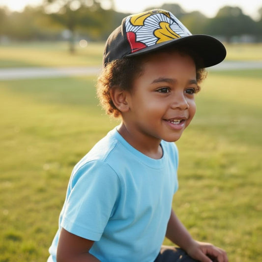 Casquette enfant MPESA noir portée avec détail en tissu wax Fleur de Mariage, création artisanale afro moderne pour fille et garçon de 2 à 12 ans