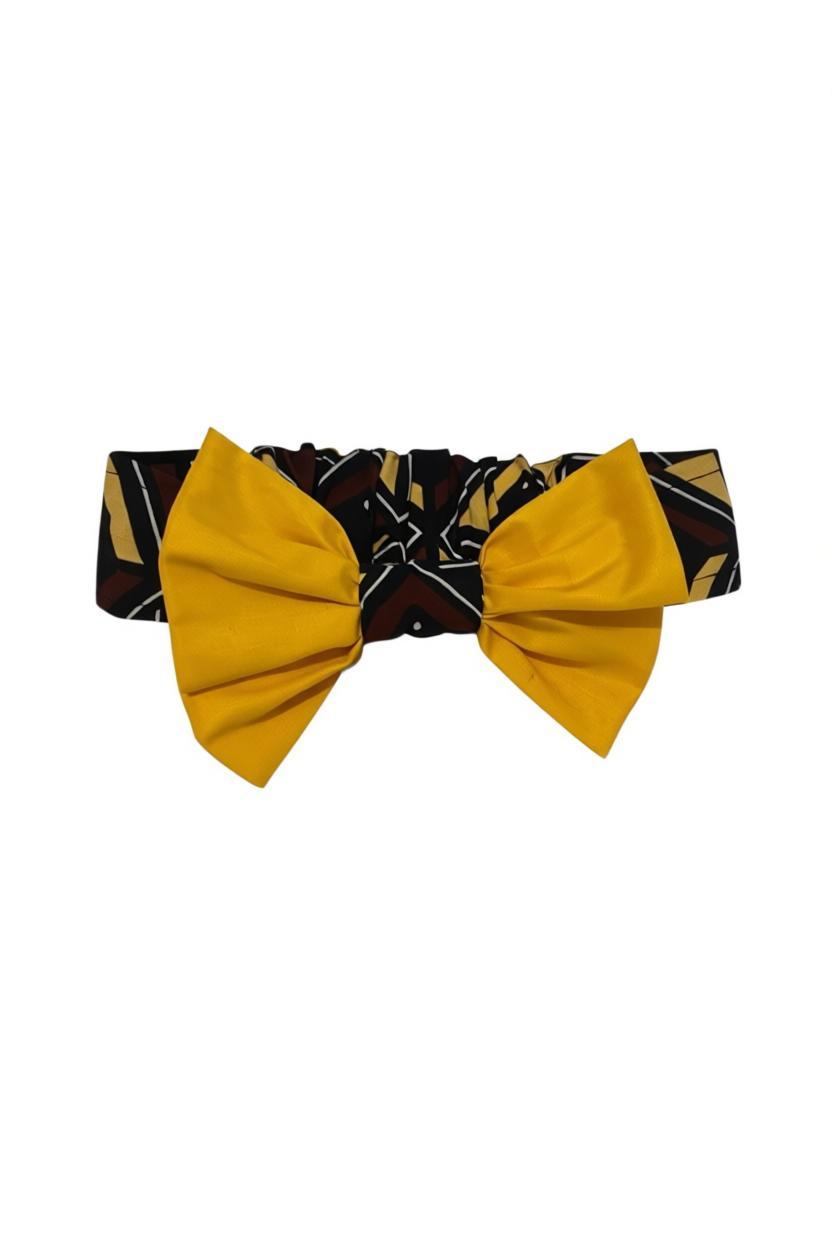 Bandeau Bogolan Duo – Mix Wax Coton et Noeud Jaune Uni – 100% Fait Main