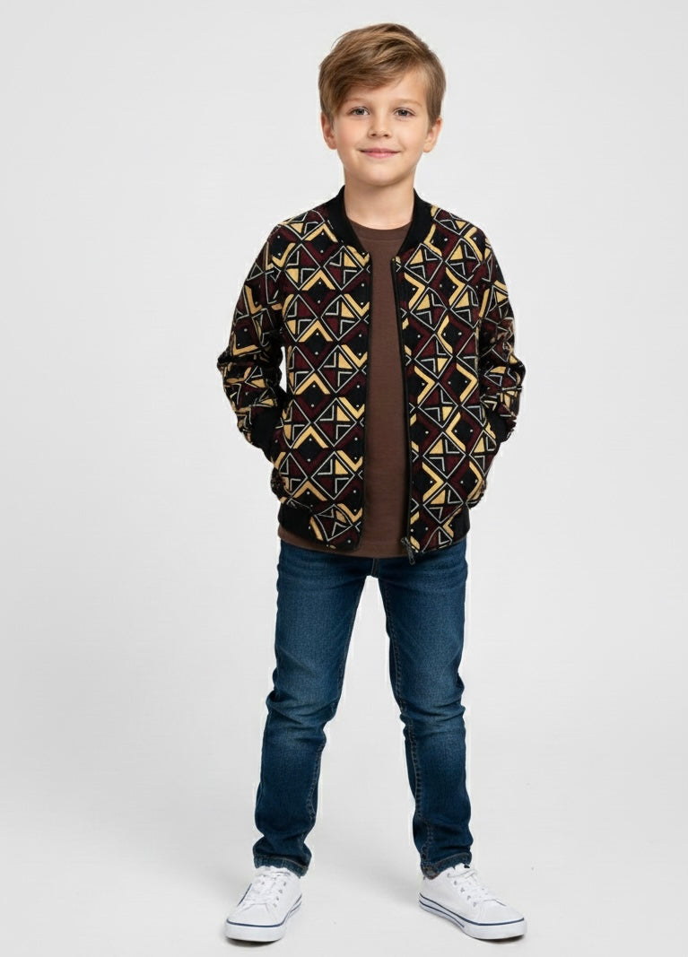 Bomber mixte pour enfant en tissu bogolan, avec doublure légère pour une veste mi-saison confortable et stylée.
