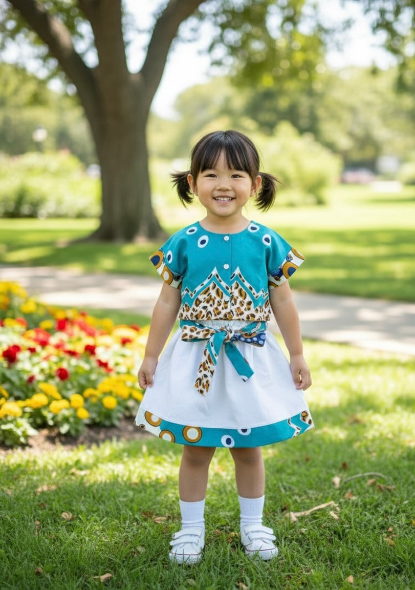 Ensemble fille chic avec jupe en lin et crop top en tissu wax – look afro élégant pour l’été