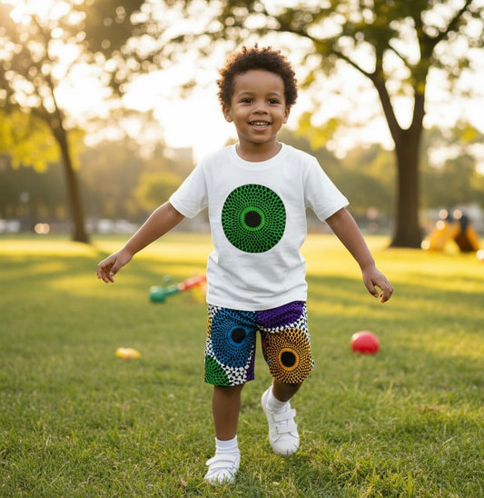 Ensemble enfant garçon DIA avec t-shirt coton customisé en wax rond et bermuda assorti en tissu coton mélangé.